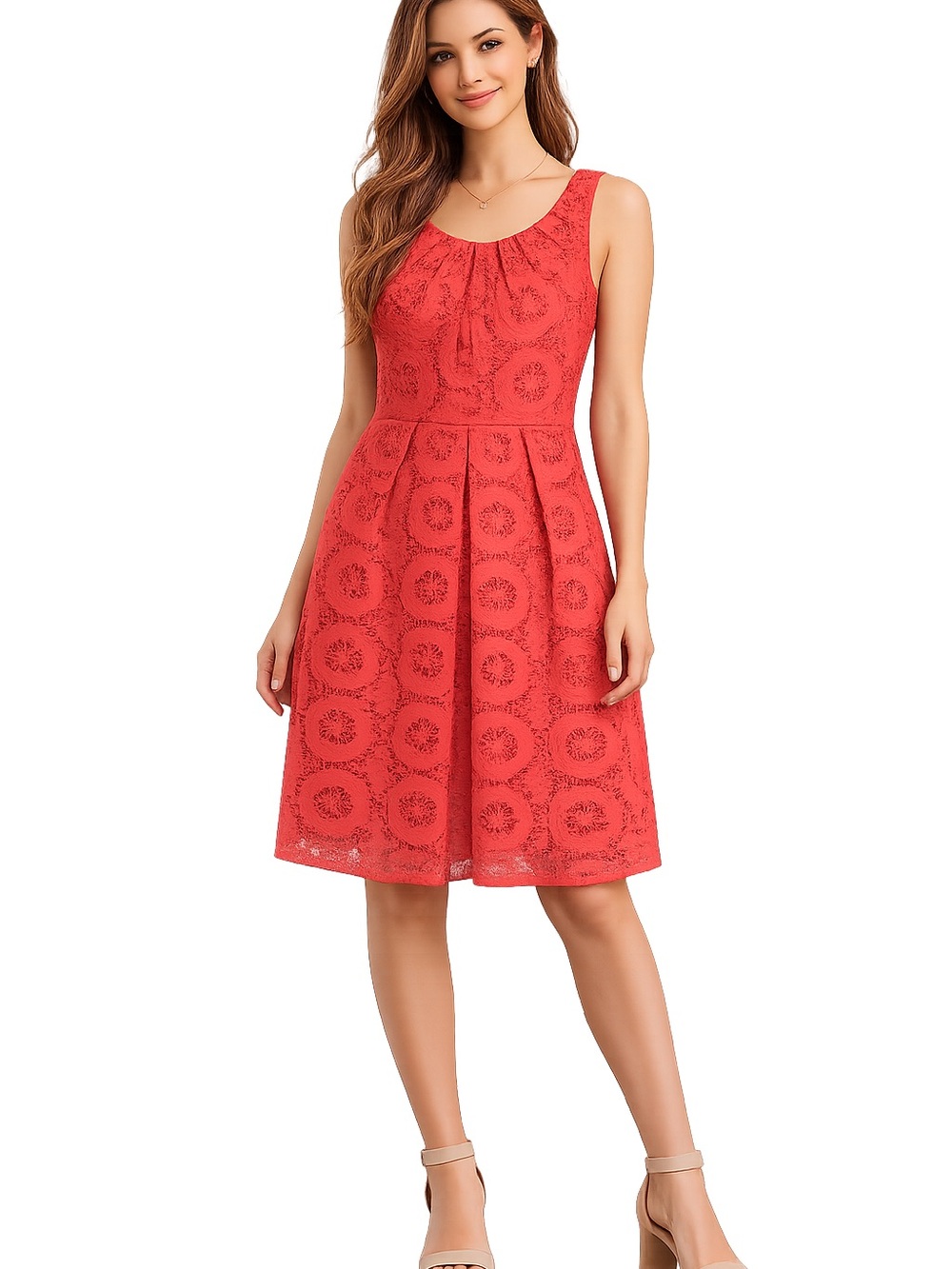 Coldwater Creek Coral Lace Dress Size 14 Sleeveless Fit Flare A-Line